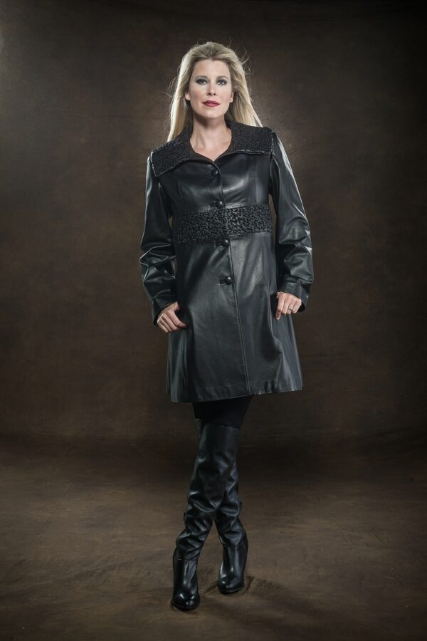 blonde woman wearing black ¾ leather coat