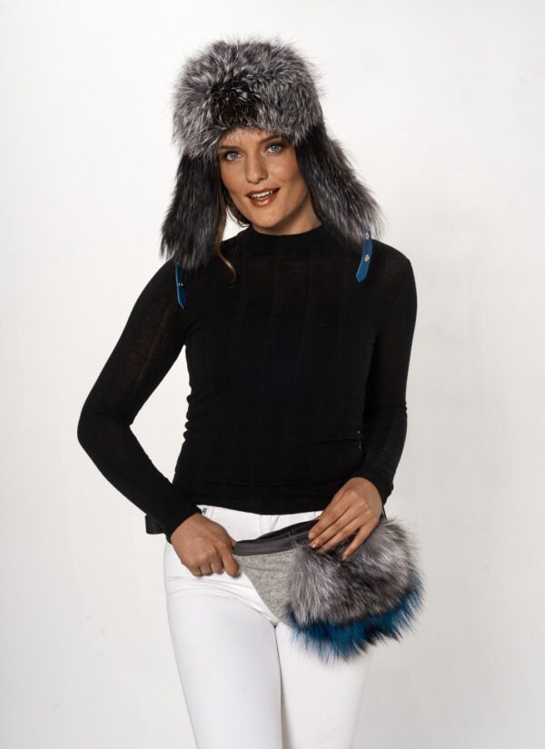 woman wearing leather and knit with dyed silver fox fanny pack