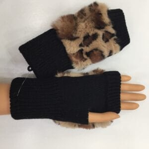 small photo of plastic hand wearing black knit fingerless gloves with animal print