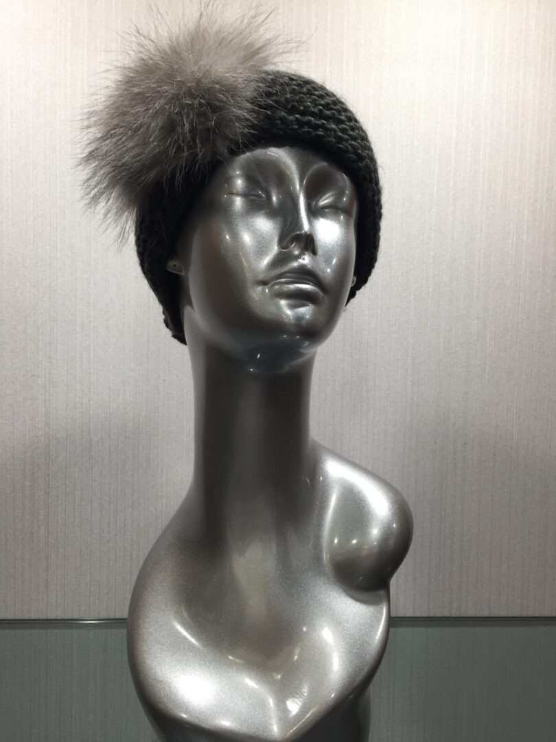 mannequin wearing black knit headband with gray fur