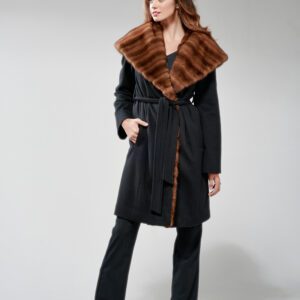 woman wearing black cashmere and wild mink hooded wrap