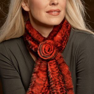 woman wearing knitted rex rosette scarf