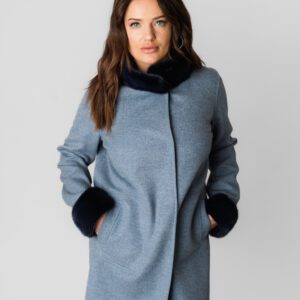 A Powder Blue Color Coat With Black Fur Sleeves and Collars