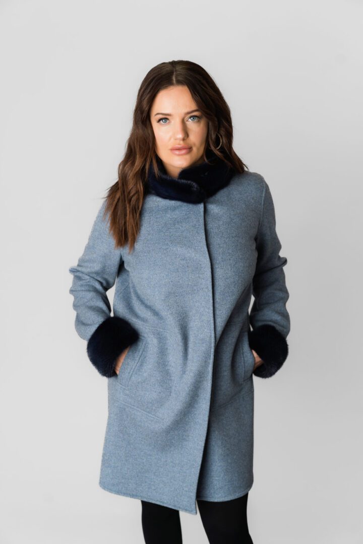 A Powder Blue Color Coat With Black Fur Sleeves and Collars