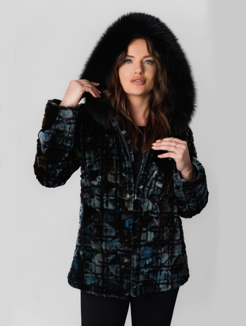 A Black Color Coat With Pattern in Blue and Teal