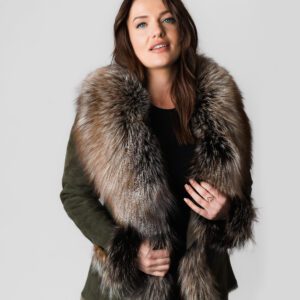 An Olive Green Coat With Fox Fur Lining