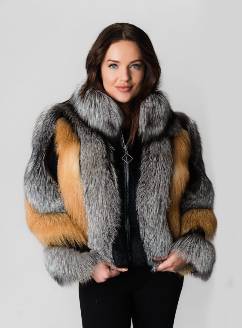 A Woman Wearing a Brown, Grey and Black Color Fur Coat