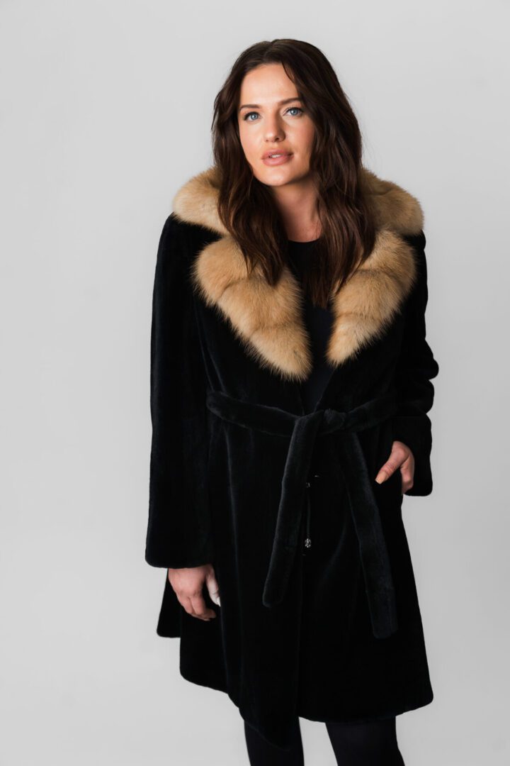 A Velvet Material Coat With Brown Fur Collar