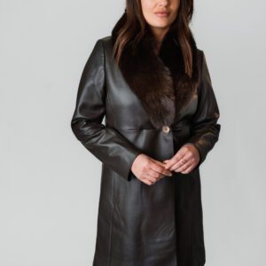 A Knee Length Leather Jacket With Button Closure