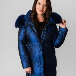 A Blue Color Puffer Jacket With Fur Ending