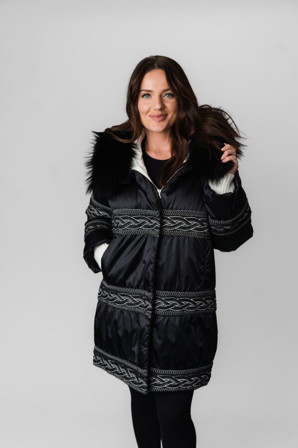 A Black Color Zip Up Coat With Fur Ends