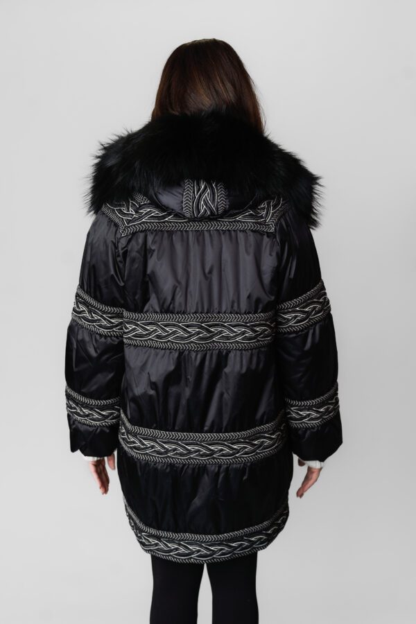 A Black Color Zip Up Coat With Fur Ends Back