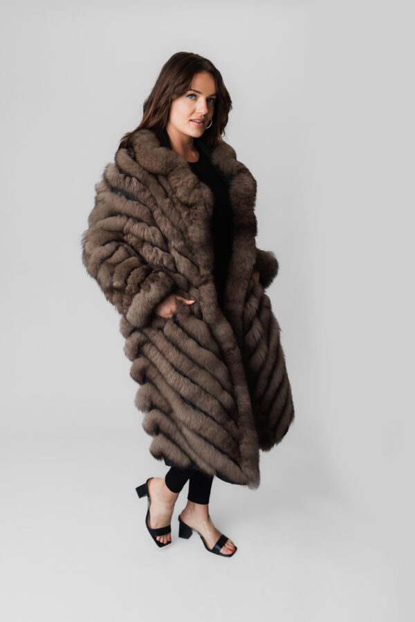 A Woman in a Long Brown Coat With Fur Texture Copy