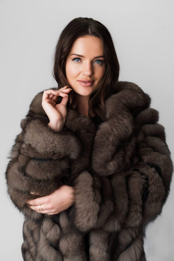 A Woman in a Long Brown Coat With Fur Texture Top Close Up