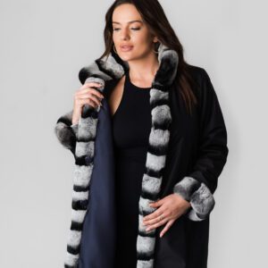 A Black Fur Coat With White and Black Strip Lining