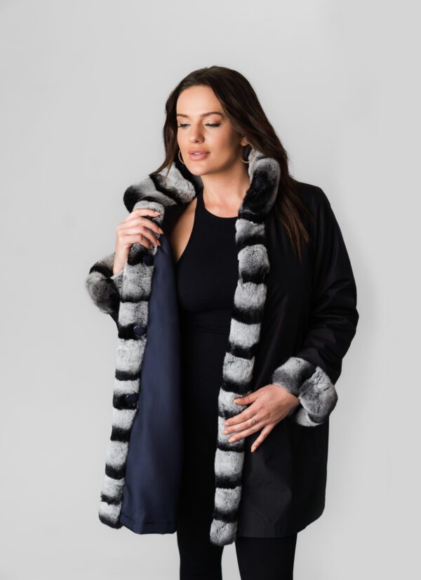 A Black Fur Coat With White and Black Strip Lining